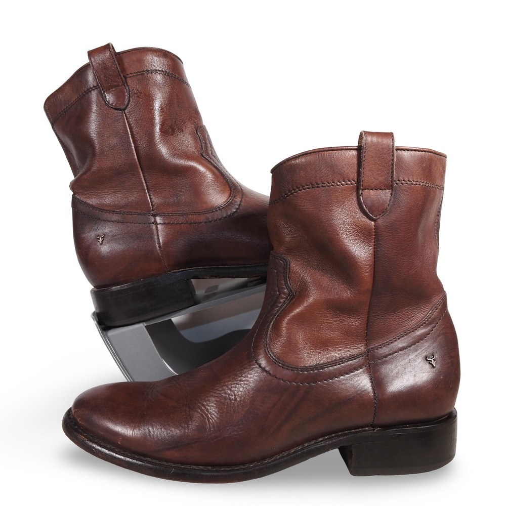 H.S. Trask Mens Brown Leather Western Roper Cowboy Boots Short Pull On 8.5-9
